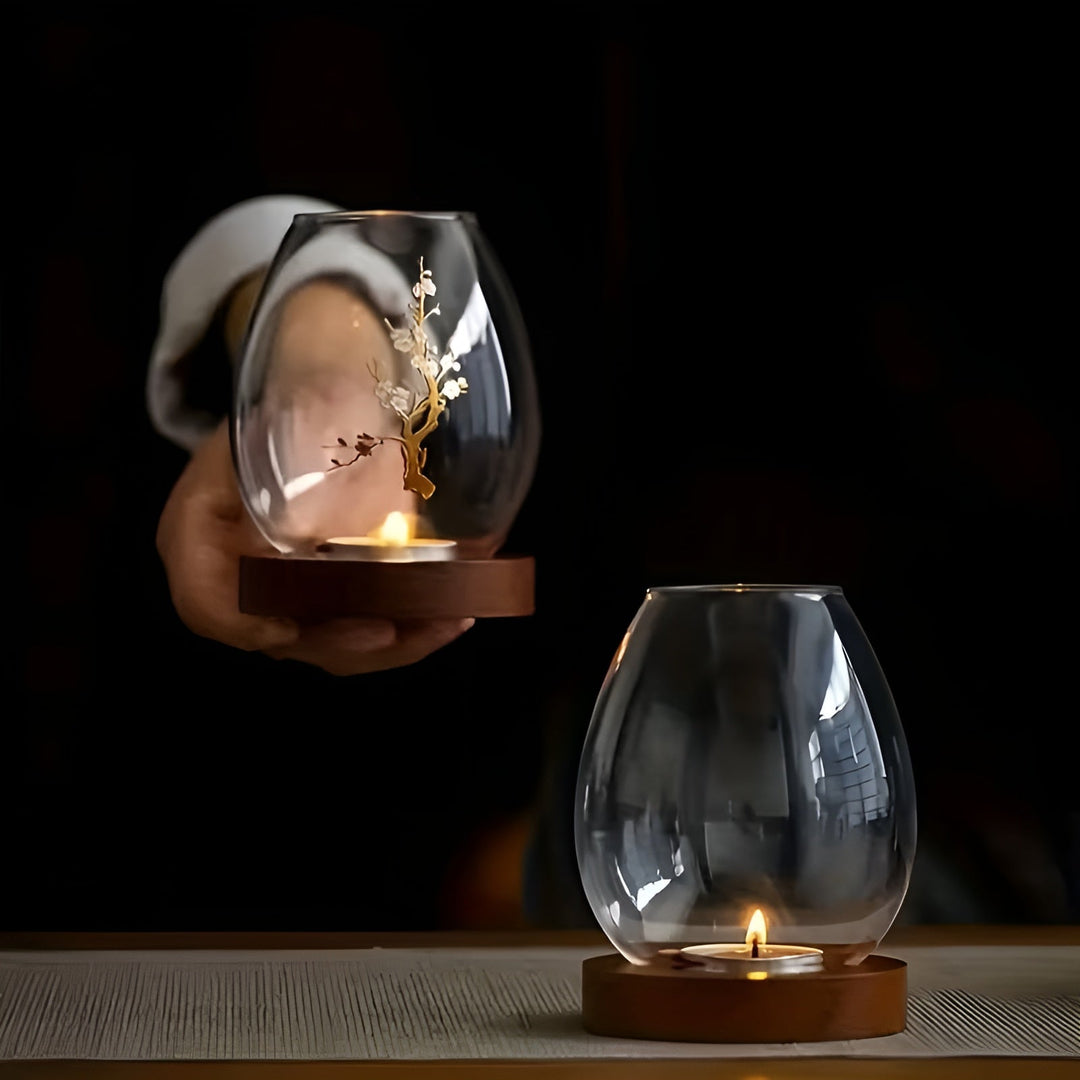 2-teiliges Set aus Glas-Teelichtern mit Holzsockel - dekorativ im retro Zen-Stil | perfekt für das Wohnzimmer, Tischdekoration und im Freien | Karnz