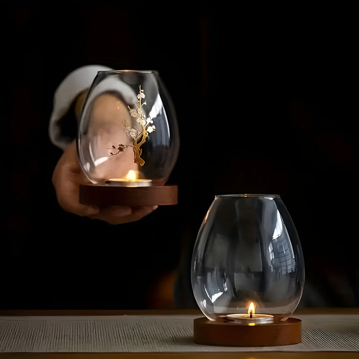 2-teiliges Set aus Glas-Teelichtern mit Holzsockel - dekorativ im retro Zen-Stil | perfekt für das Wohnzimmer, Tischdekoration und im Freien | Karnz