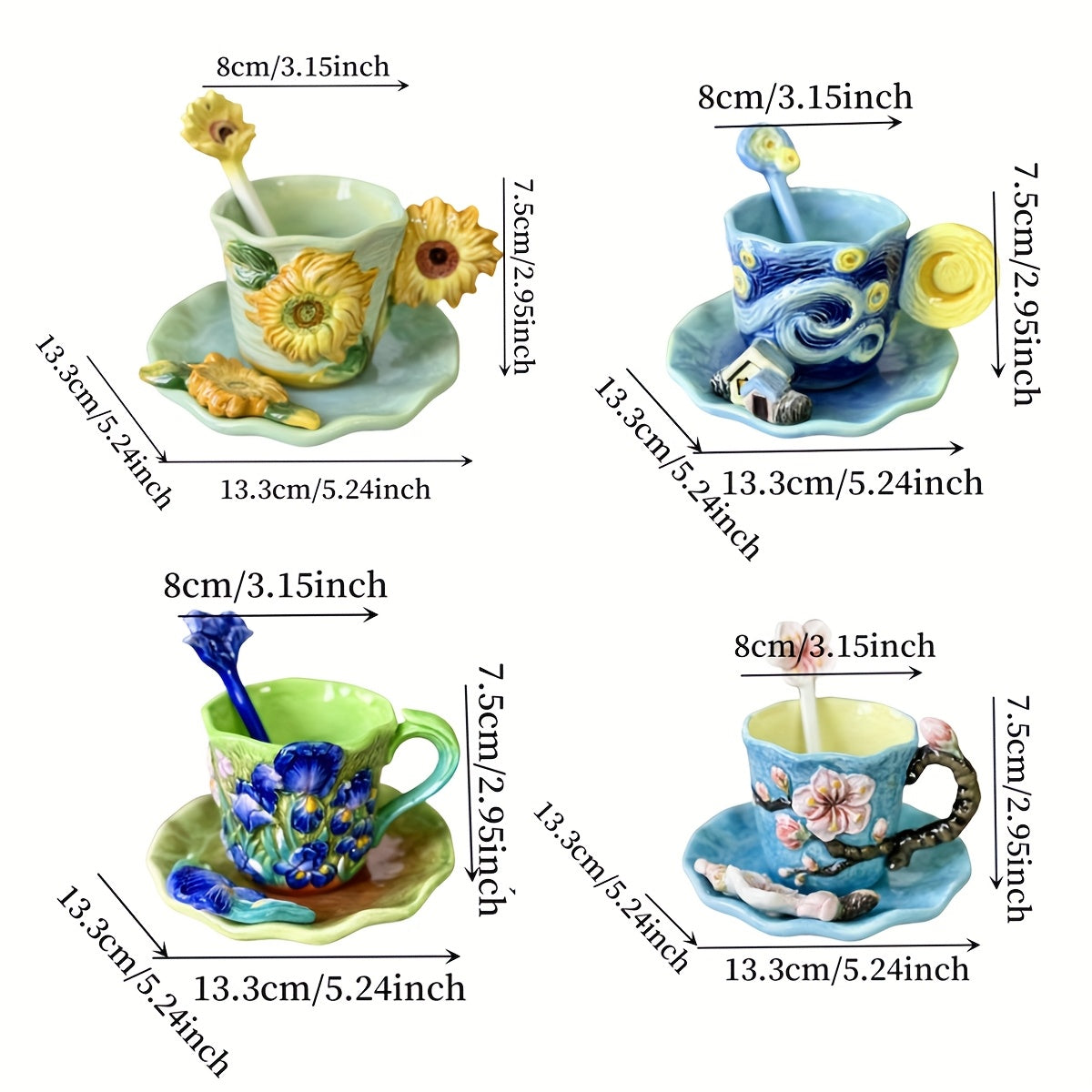 ArtSip Keramiktasse & Untertasse Set – Handgemalte 3D-Design inspiriert von Van Gogh | Karnz
