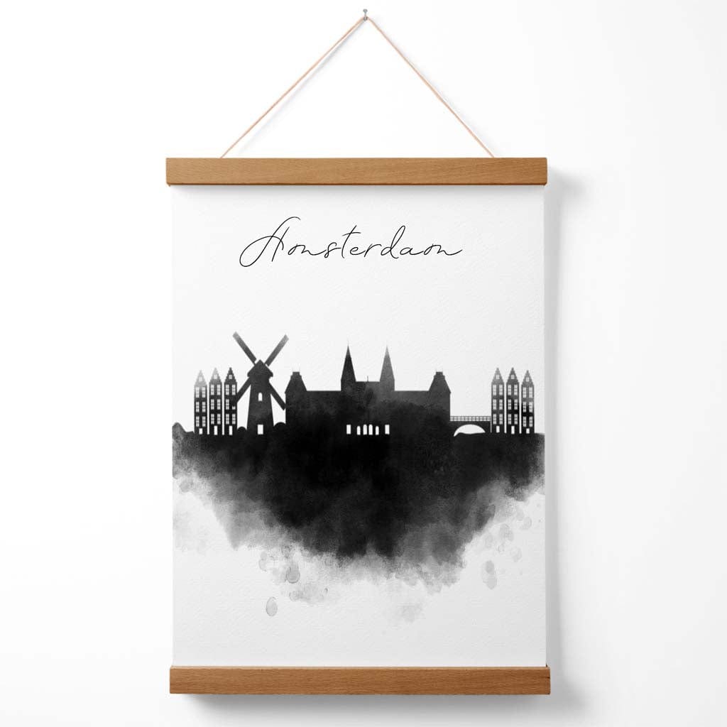 Amsterdamer Stadtposter mit Aquarell-Skyline und Aufhänger