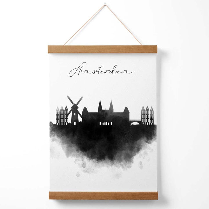 Amsterdamer Stadtposter mit Aquarell-Skyline und Aufhänger