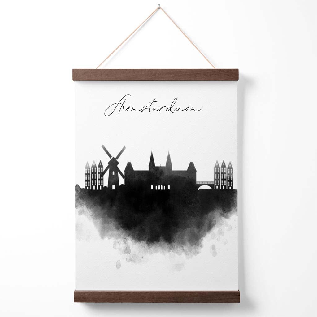 Amsterdamer Stadtposter mit Aquarell-Skyline und Aufhänger