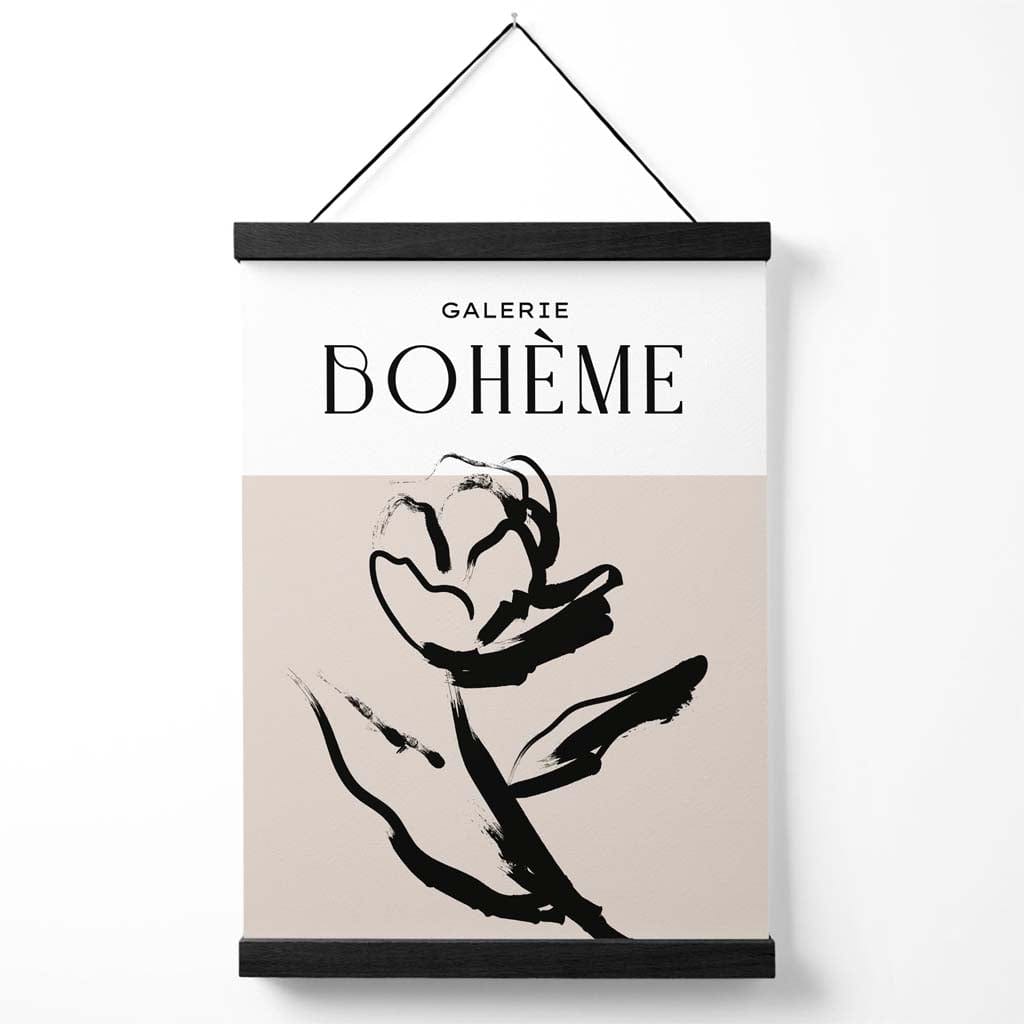 Beige-schwarzes Rosen-Boho-Skizzen-Blumenposter mit Aufhängung