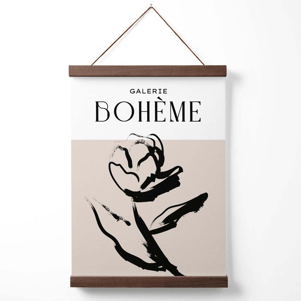 Beige-schwarzes Rosen-Boho-Skizzen-Blumenposter mit Aufhängung