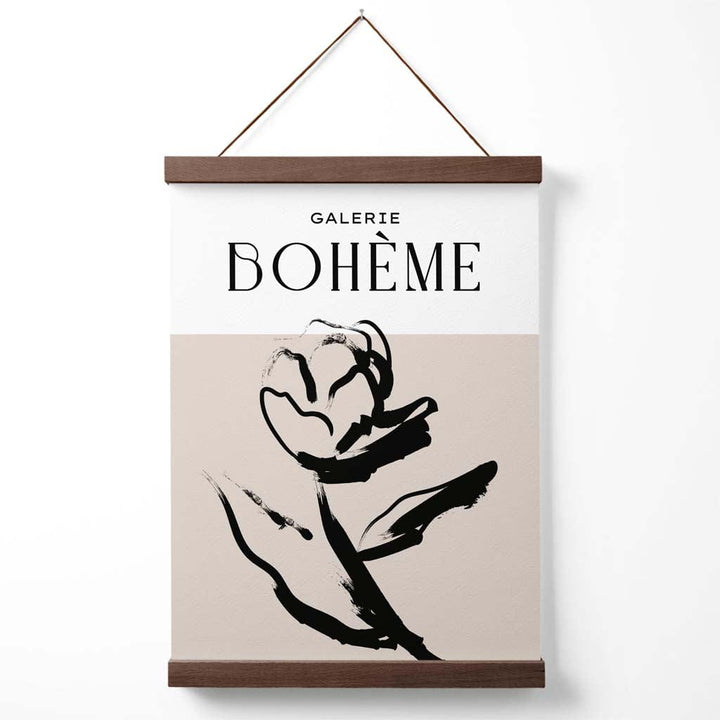 Beige-schwarzes Rosen-Boho-Skizzen-Blumenposter mit Aufhängung