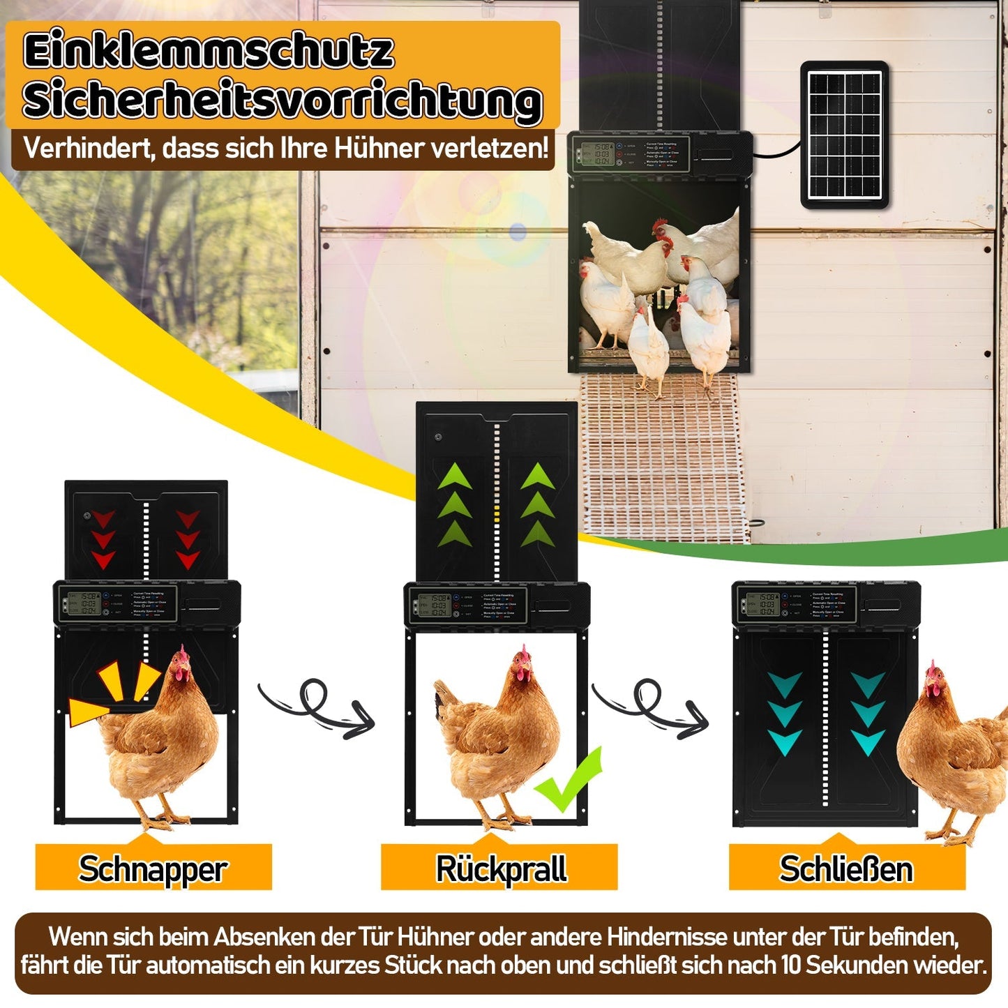 Elektrische Hühnerklappe Solar mit LED Display und Fernbedienung | Karnz