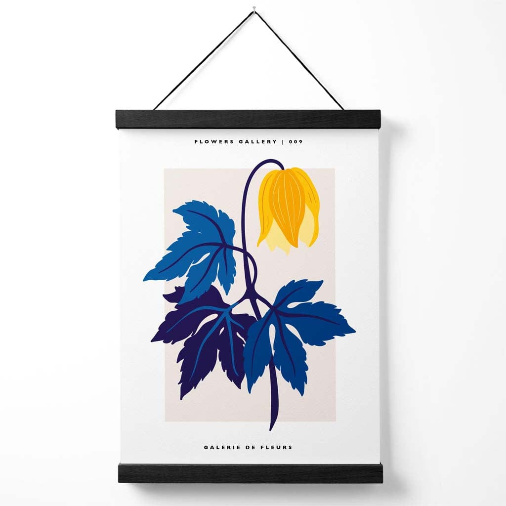 Abstraktes gelbes und blaues Tulpenmarkt-Galerieplakat mit Aufhänger
