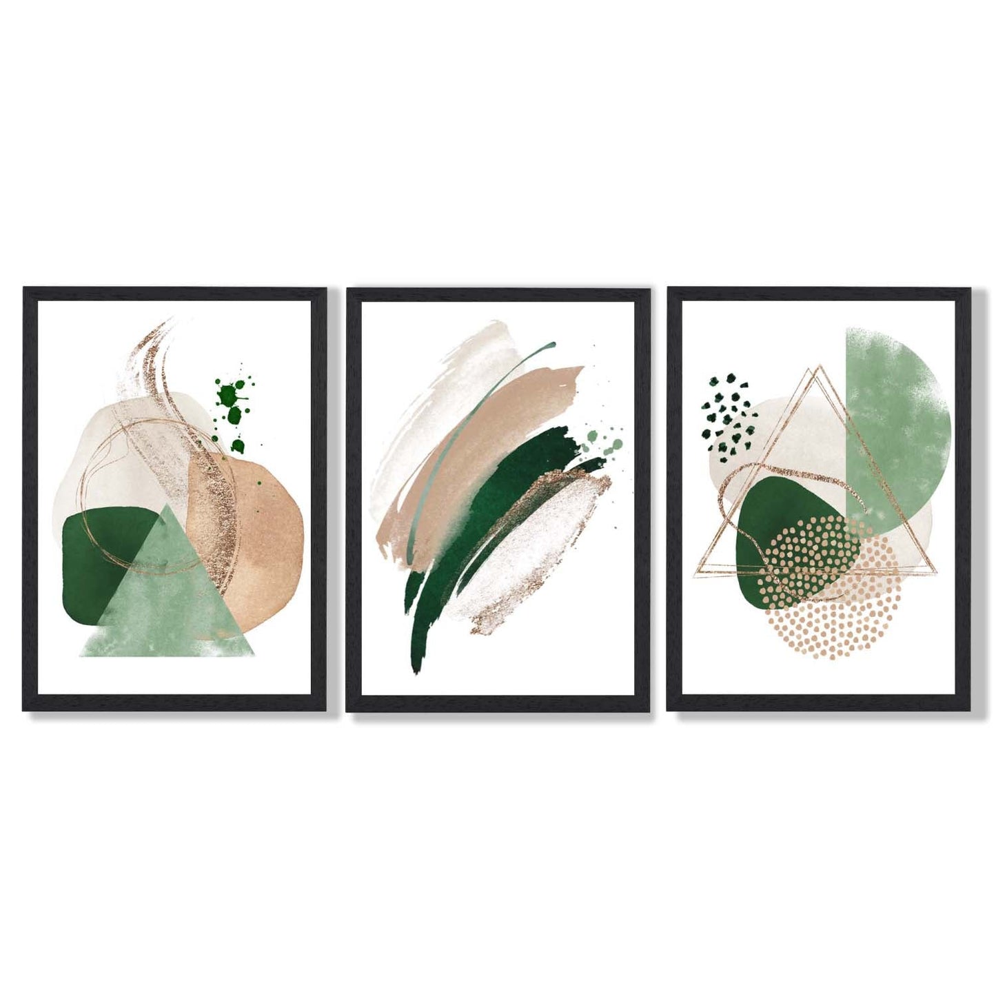 Abstraktes Set aus 3 gerahmten Kunstdrucken in Salbeigrün und Beige