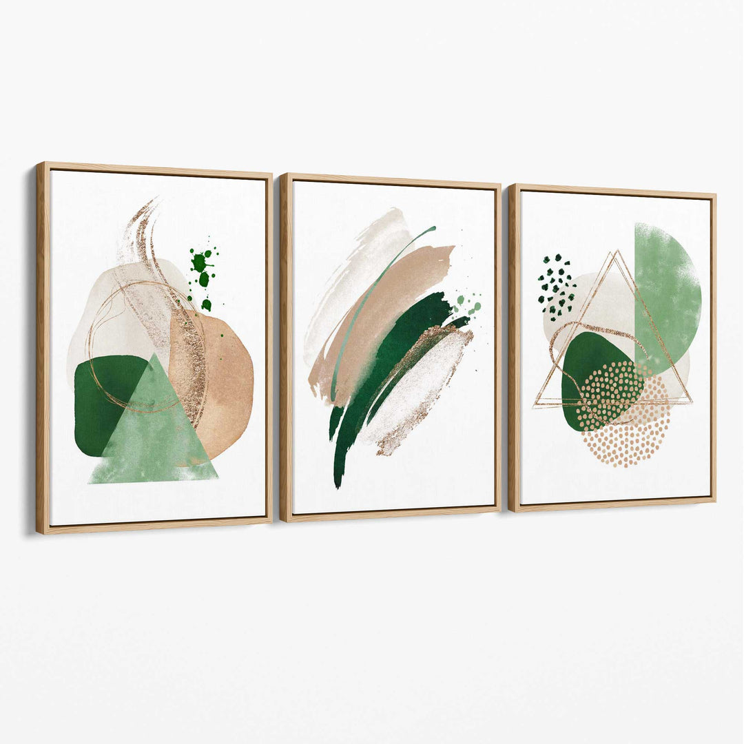 Abstraktes Set aus 3 Kunstdrucken auf Leinwand in Salbeigrün und Beige