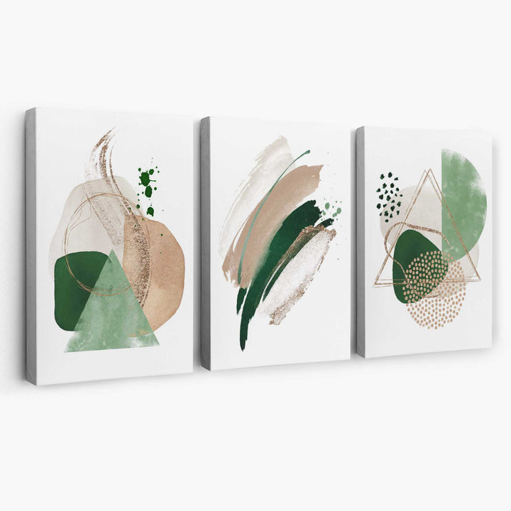 Abstraktes Set aus 3 Kunstdrucken auf Leinwand in Salbeigrün und Beige
