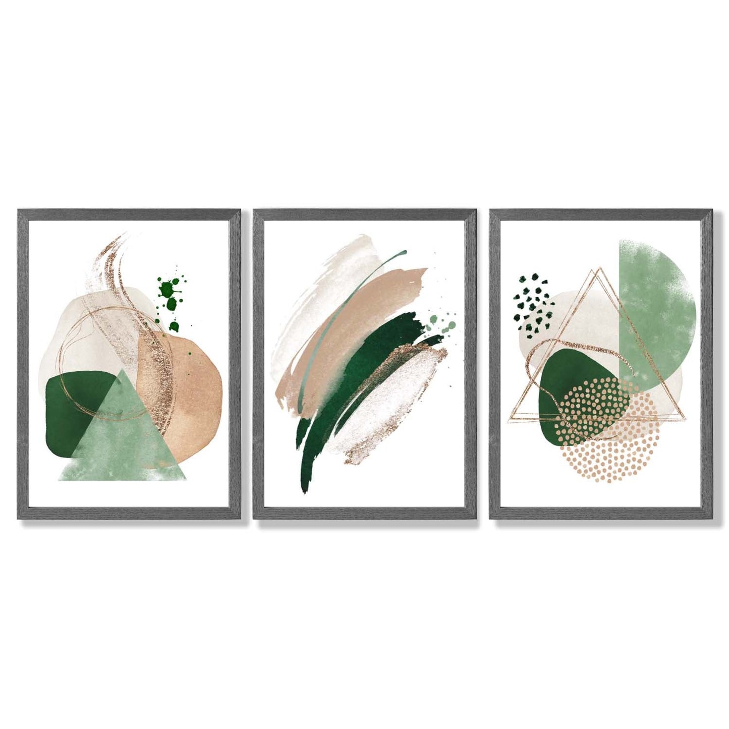 Abstraktes Set aus 3 gerahmten Kunstdrucken in Salbeigrün und Beige