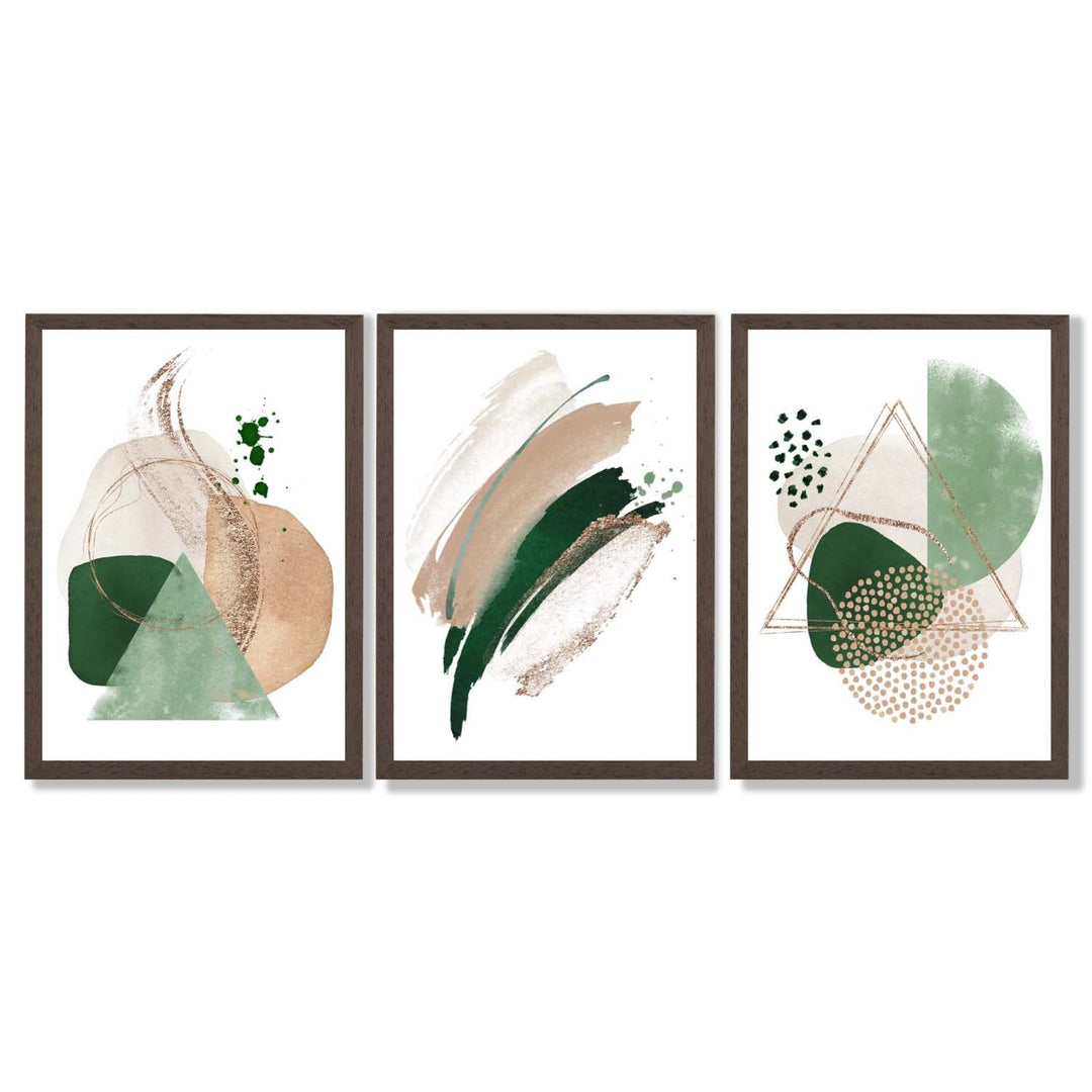 Abstraktes Set aus 3 gerahmten Kunstdrucken in Salbeigrün und Beige