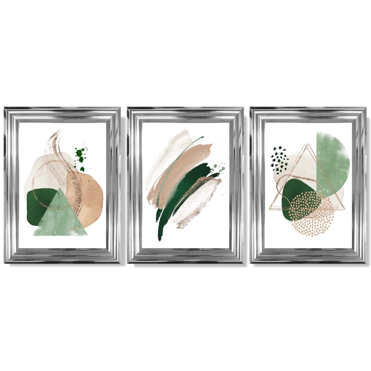 Abstraktes Set aus 3 gerahmten Kunstdrucken in Salbeigrün und Beige