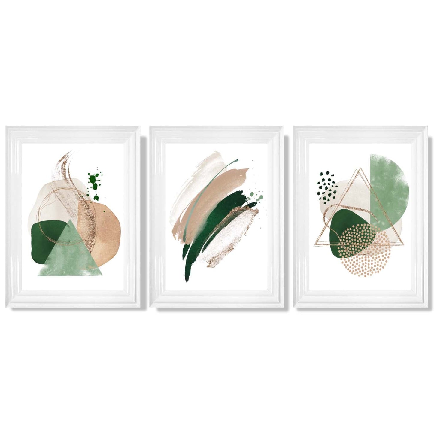 Abstraktes Set aus 3 gerahmten Kunstdrucken in Salbeigrün und Beige