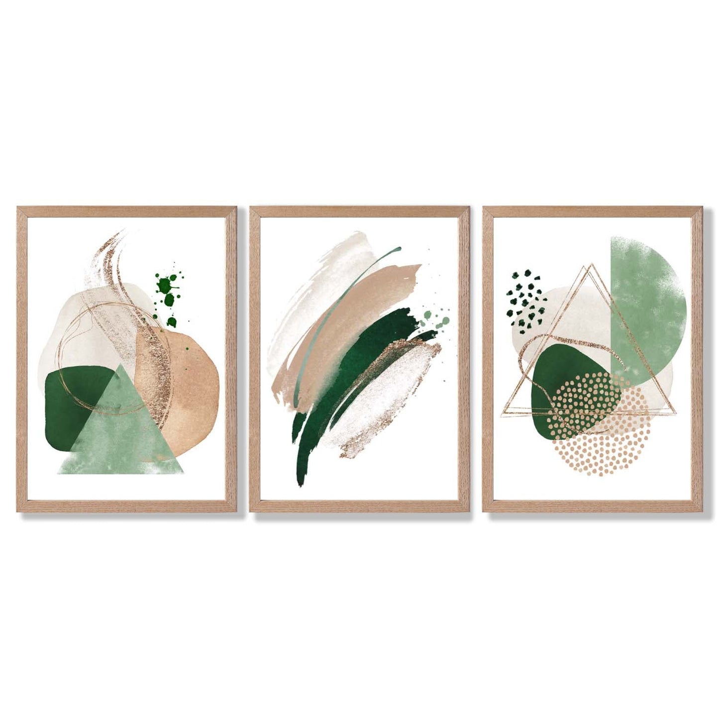 Abstraktes Set aus 3 gerahmten Kunstdrucken in Salbeigrün und Beige