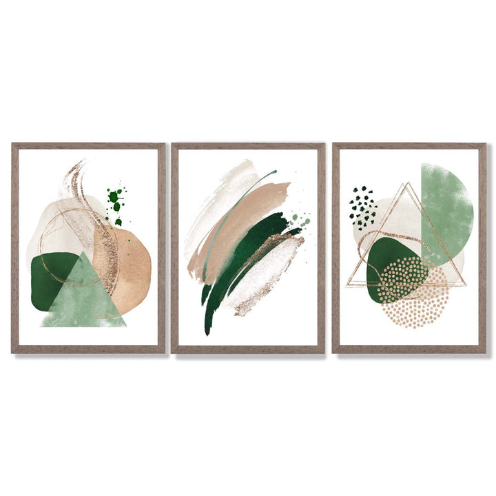 Abstraktes Set aus 3 gerahmten Kunstdrucken in Salbeigrün und Beige