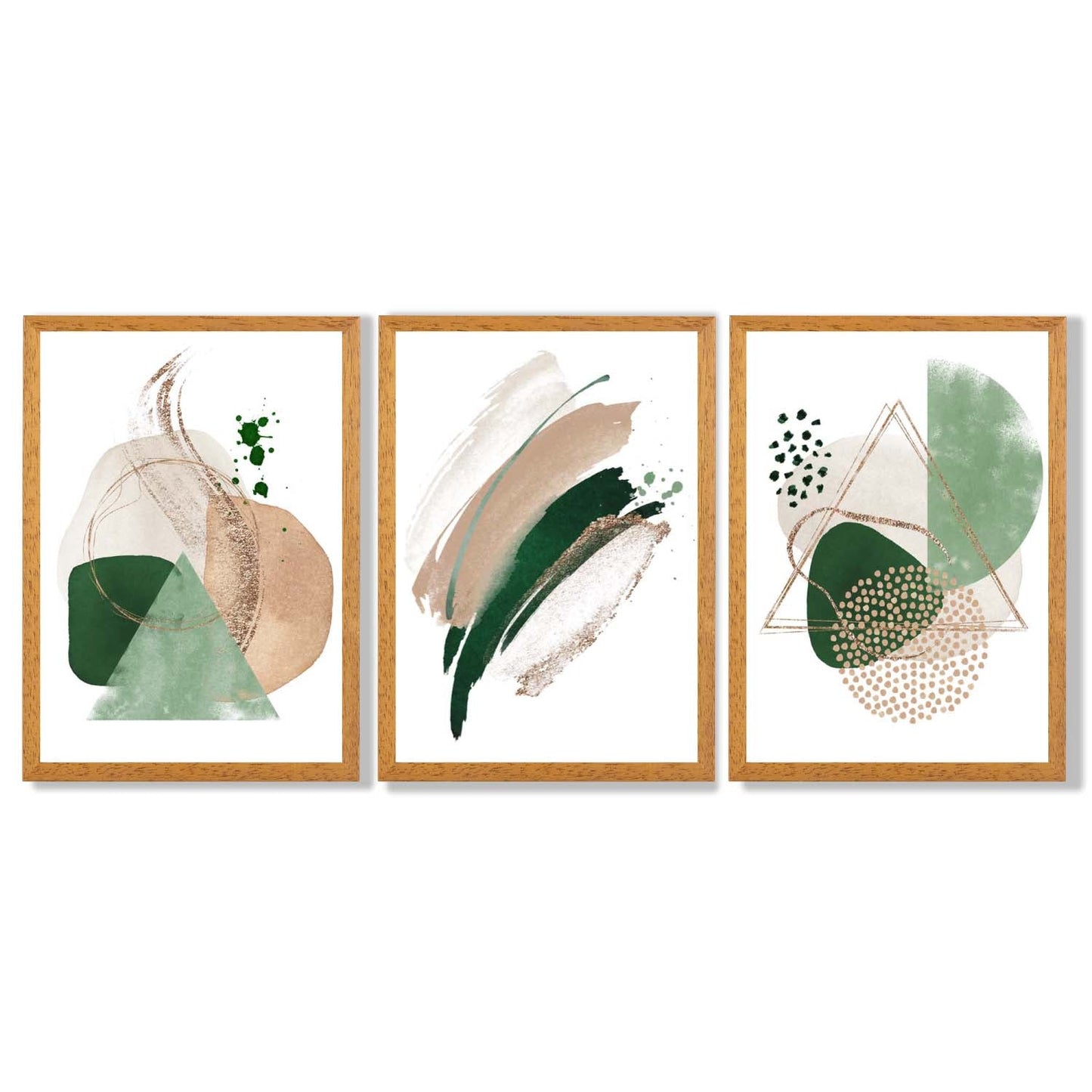 Abstraktes Set aus 3 gerahmten Kunstdrucken in Salbeigrün und Beige