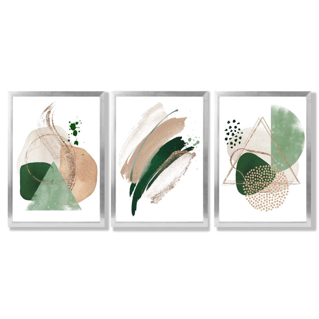 Abstraktes Set aus 3 gerahmten Kunstdrucken in Salbeigrün und Beige
