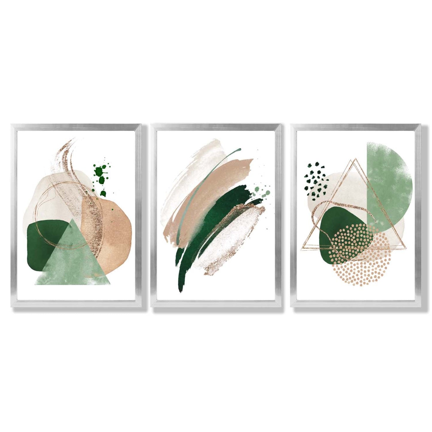 Abstraktes Set aus 3 gerahmten Kunstdrucken in Salbeigrün und Beige