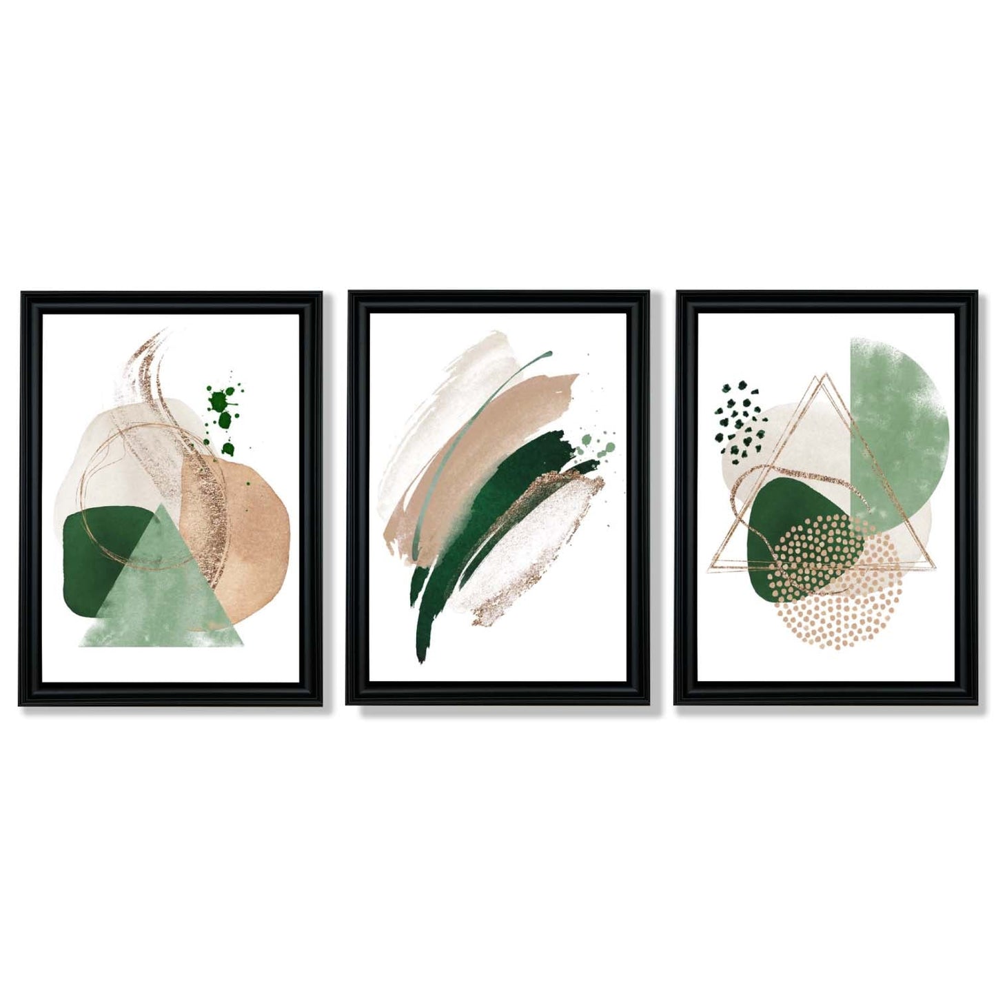 Abstraktes Set aus 3 gerahmten Kunstdrucken in Salbeigrün und Beige