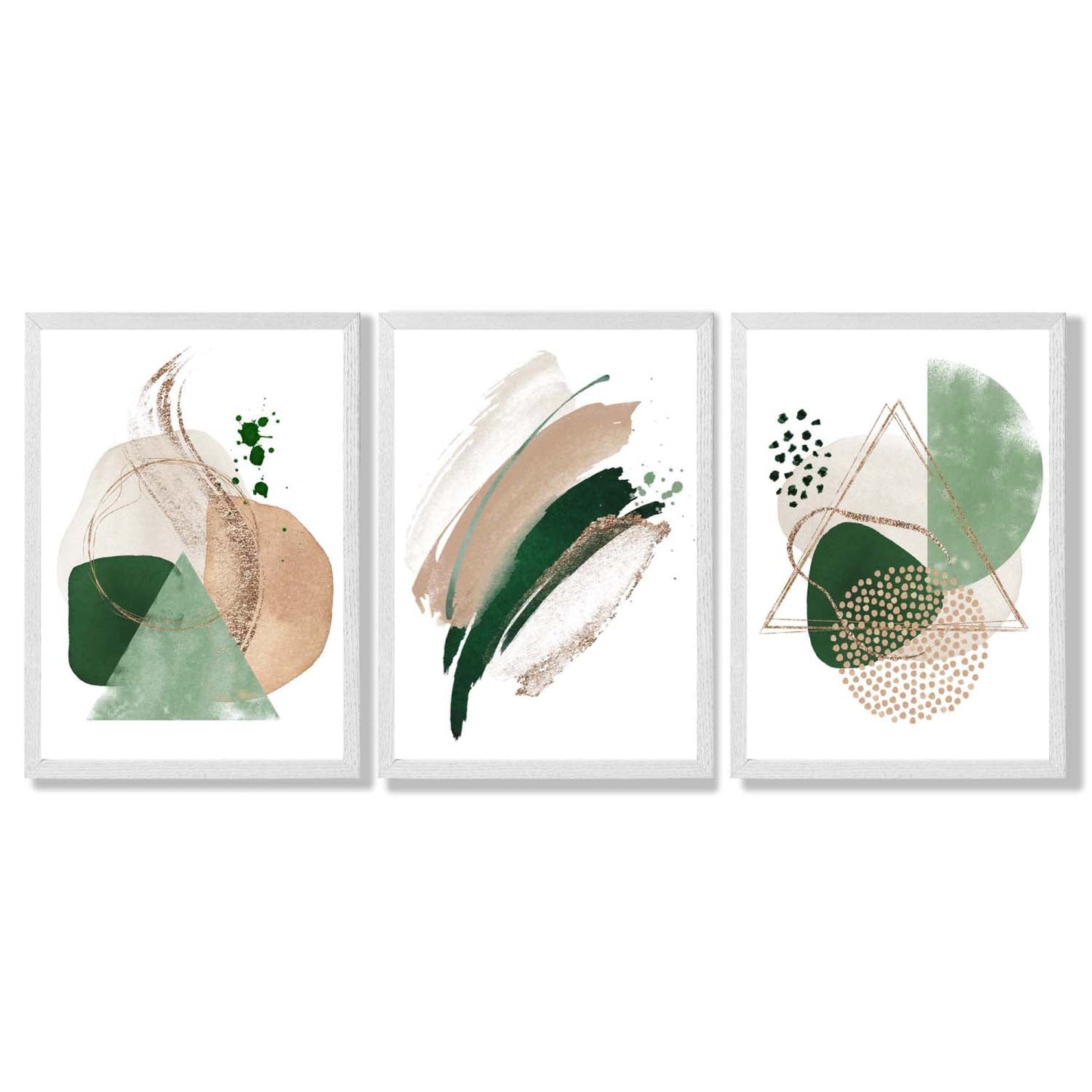 Abstraktes Set aus 3 gerahmten Kunstdrucken in Salbeigrün und Beige
