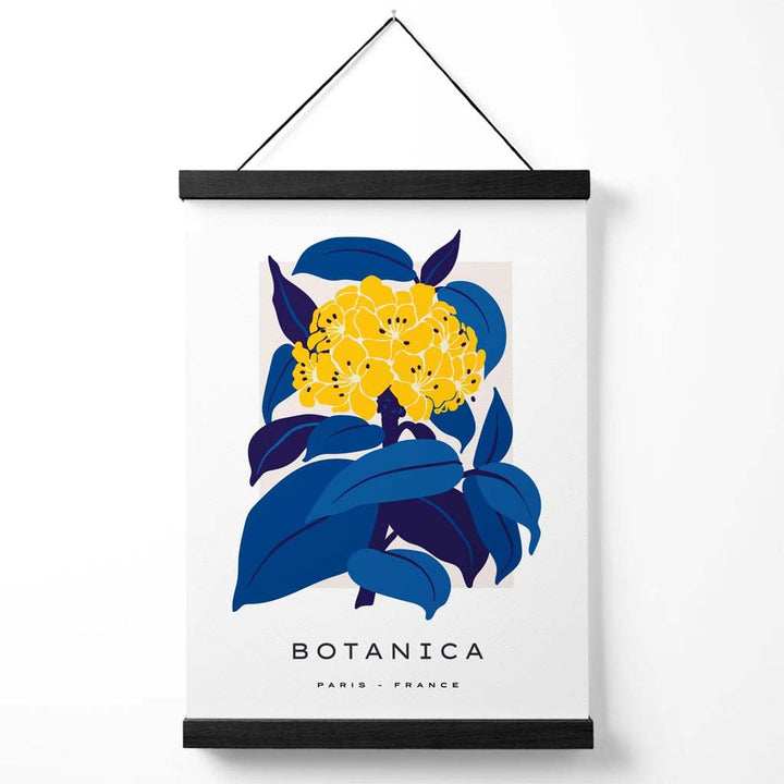 Abstraktes Marktplakat mit gelben und blauen Hortensienblüten und Aufhänger