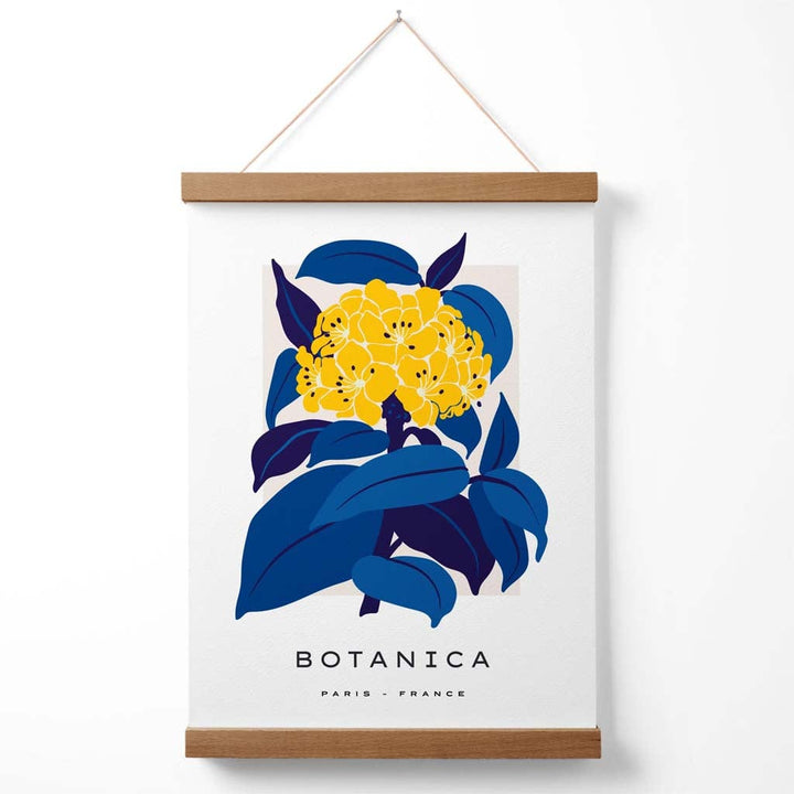 Abstraktes Marktplakat mit gelben und blauen Hortensienblüten und Aufhänger