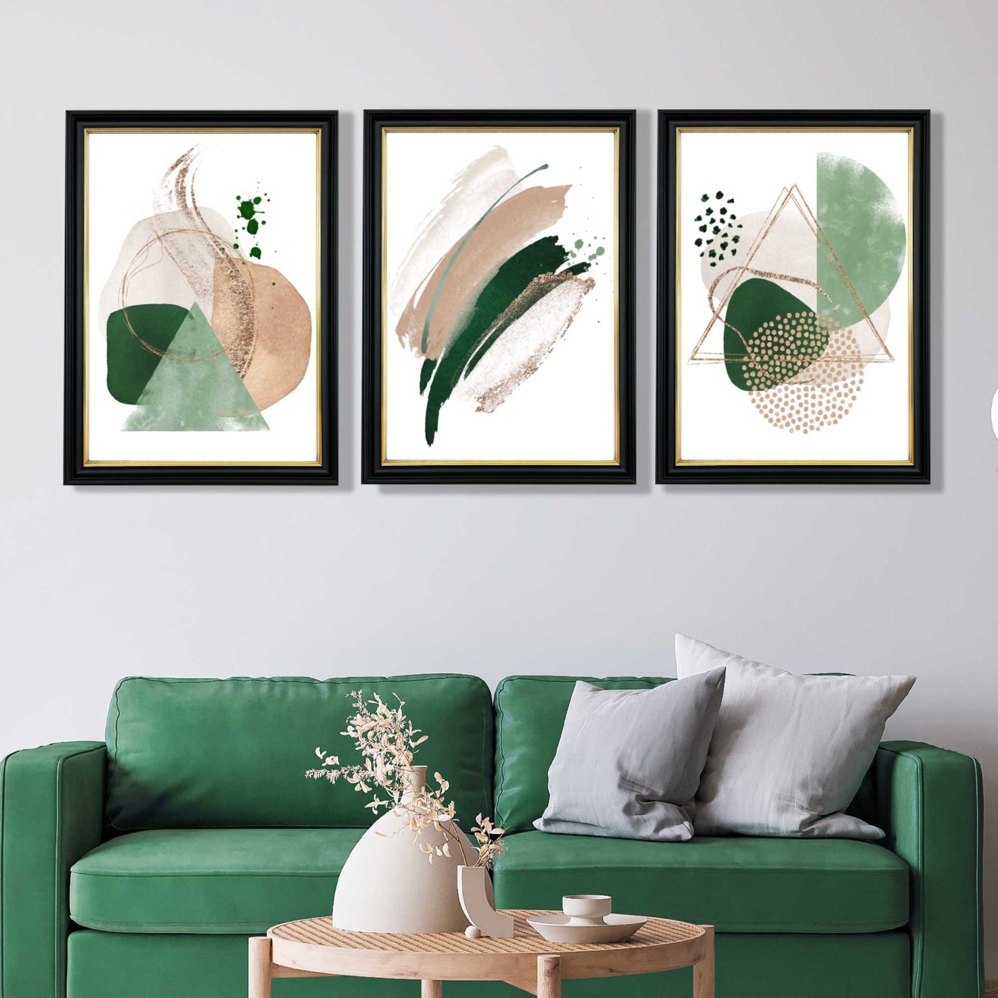 Abstraktes Set aus 3 Kunstdrucken in Salbeigrün und Beige