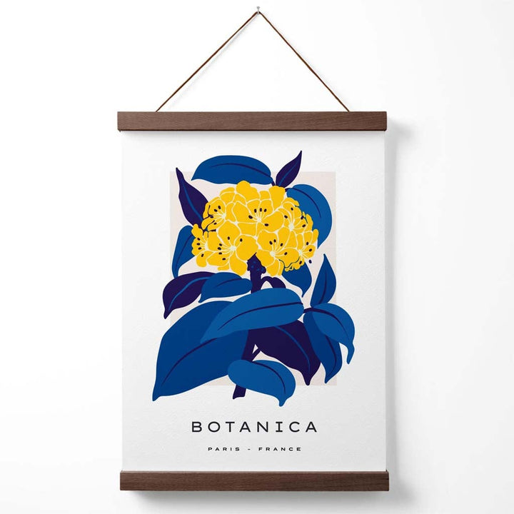 Abstraktes Marktplakat mit gelben und blauen Hortensienblüten und Aufhänger