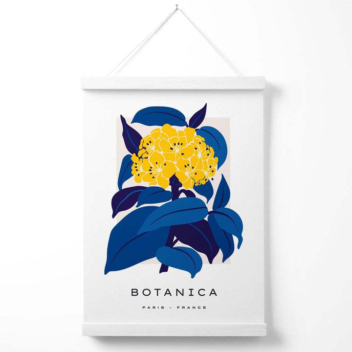 Abstraktes Marktplakat mit gelben und blauen Hortensienblüten und Aufhänger