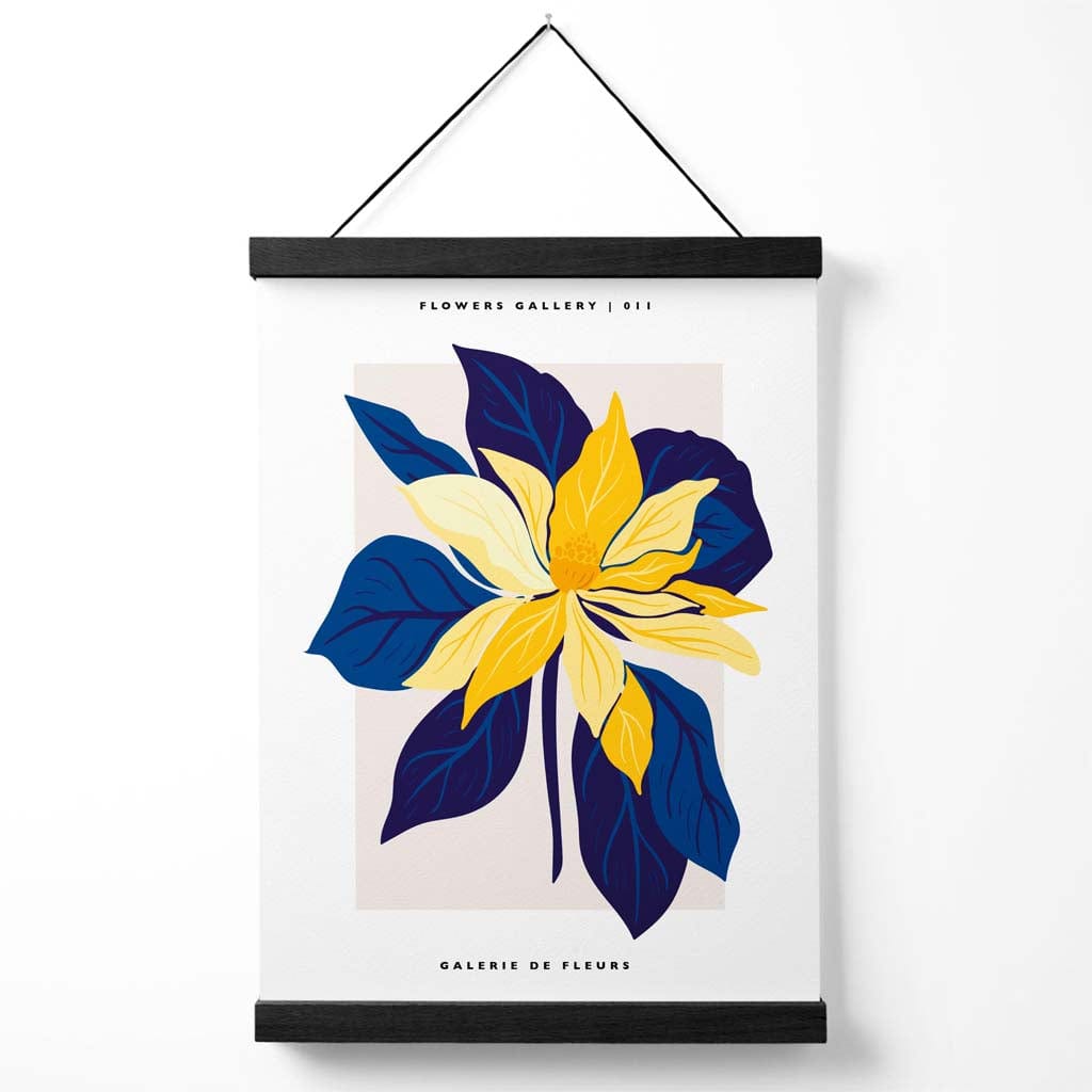 Abstraktes Marktplakat mit blauen und gelben Lilien (mit Aufhänger)