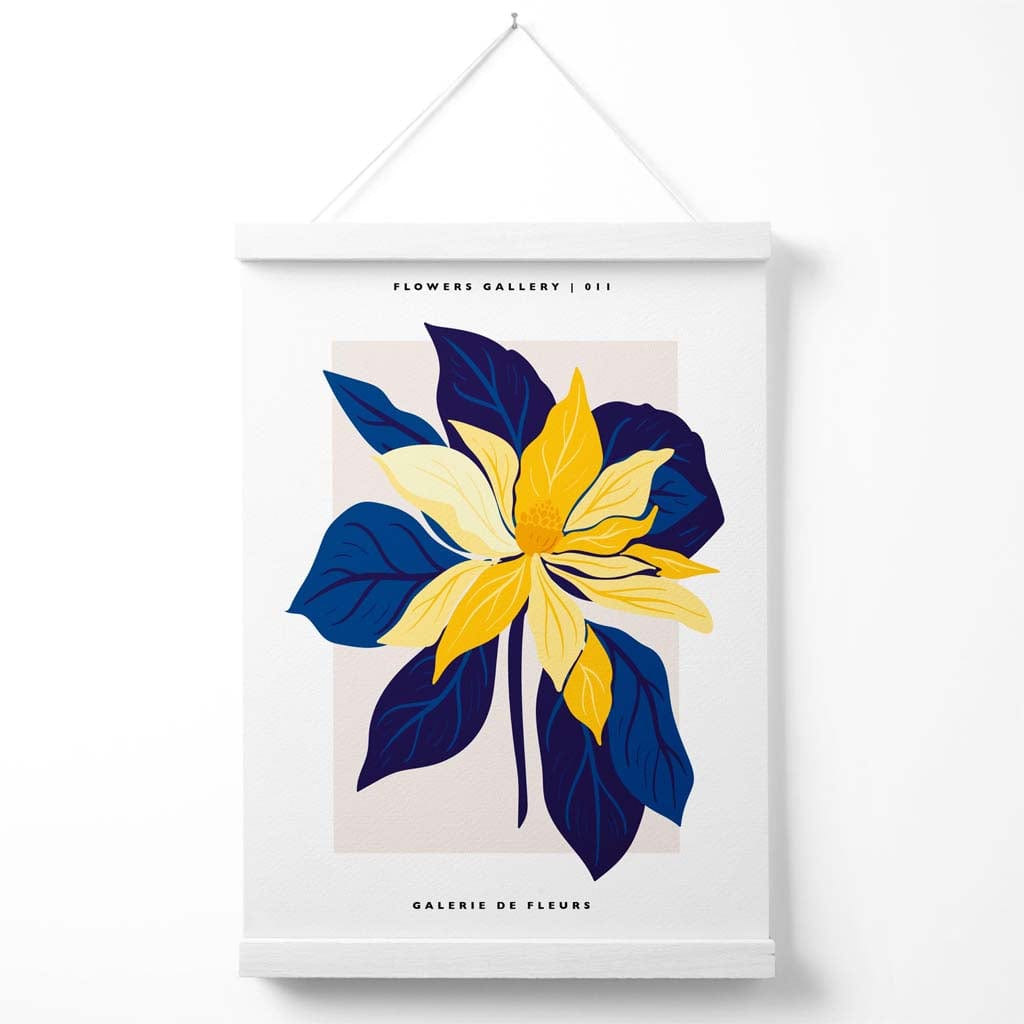 Abstraktes Marktplakat mit blauen und gelben Lilien (mit Aufhänger)