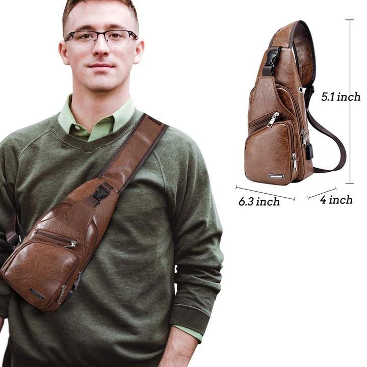 Karnz | Große Herren-Leder-Tasche Brust-Rucksack Wasserfester Crossbody-Bag mit USB