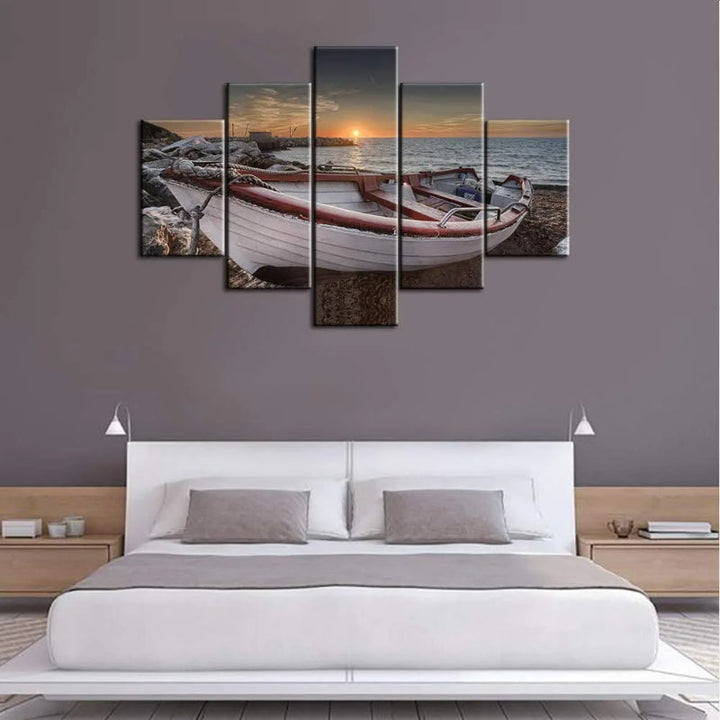 Set mit 5 dekorativen Leinwandbildern mit Strandbootmotiven