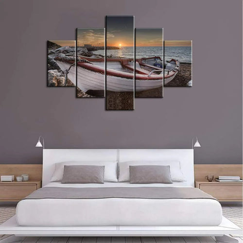 Set mit 5 dekorativen Leinwandbildern mit Strandbootmotiven