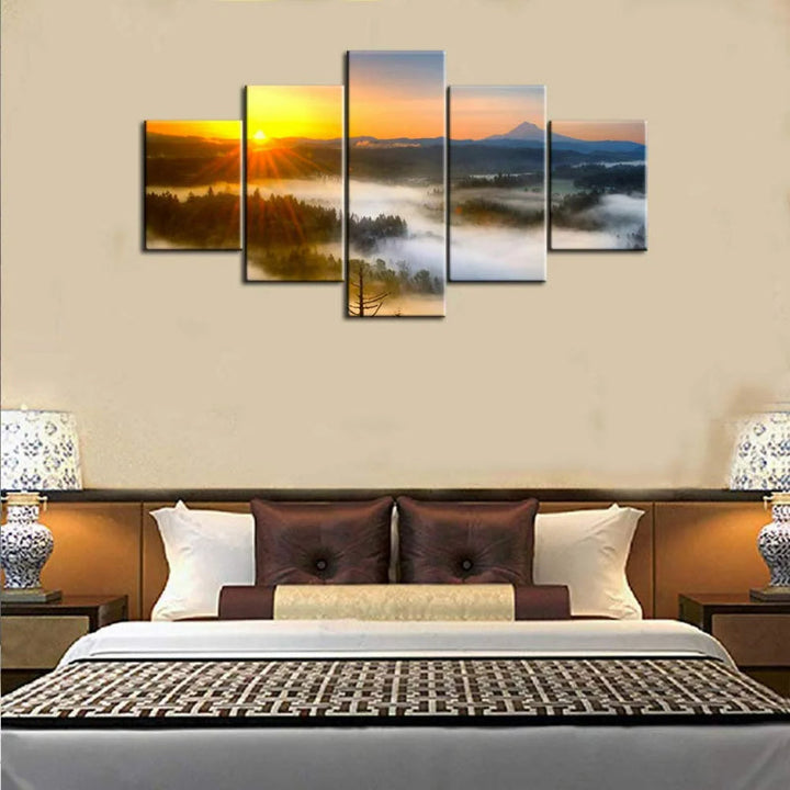 5er-Set Leinwandbilder mit Sonnenuntergangsbaum-Motiv