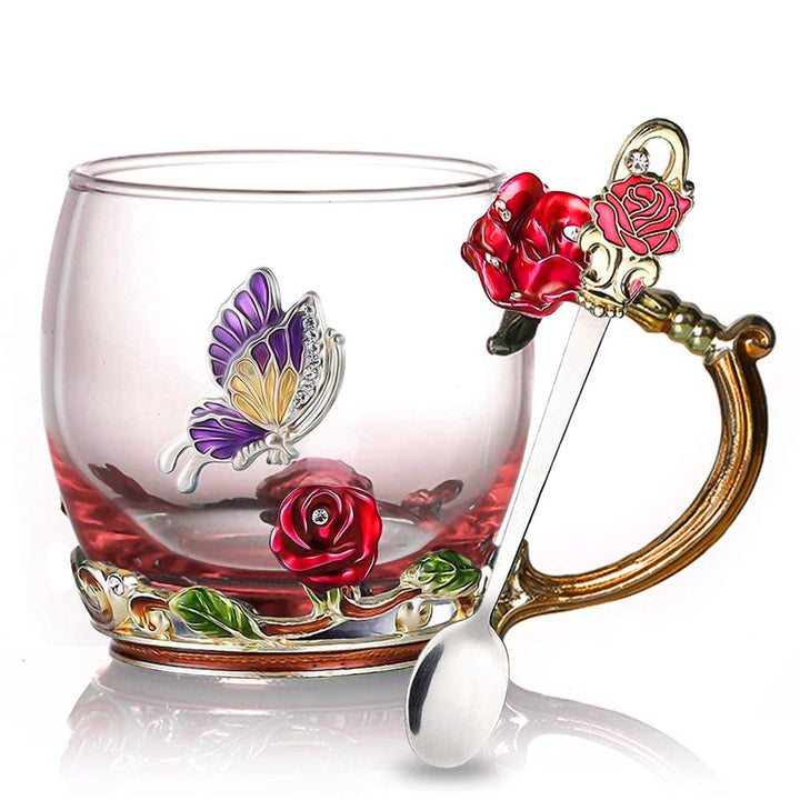 Teeservice aus emailliertem Rosenglas (mit Löffel)