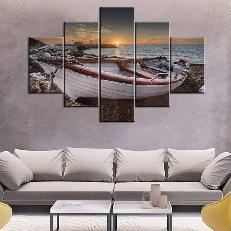Set mit 5 dekorativen Leinwandbildern mit Strandbootmotiven
