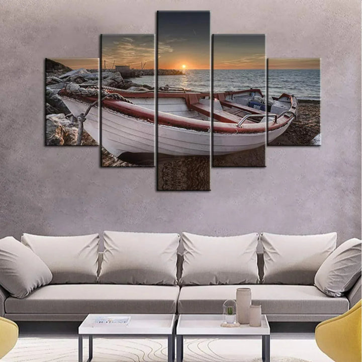 Set mit 5 dekorativen Leinwandbildern mit Strandbootmotiven