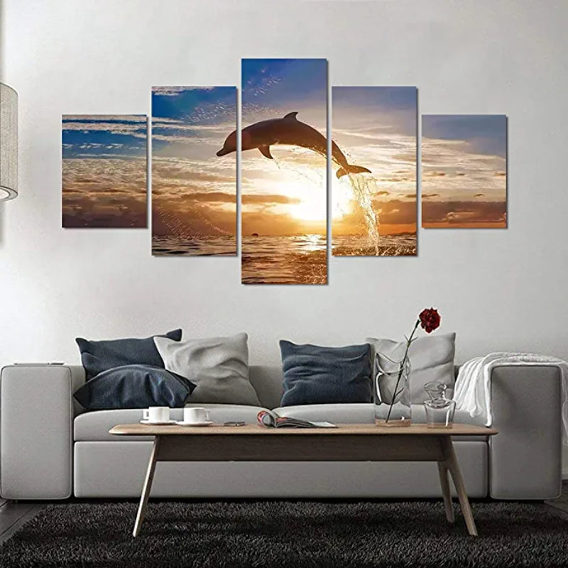 5 Stück Springender Delfin Sonnenuntergang Landschaft Gemälde