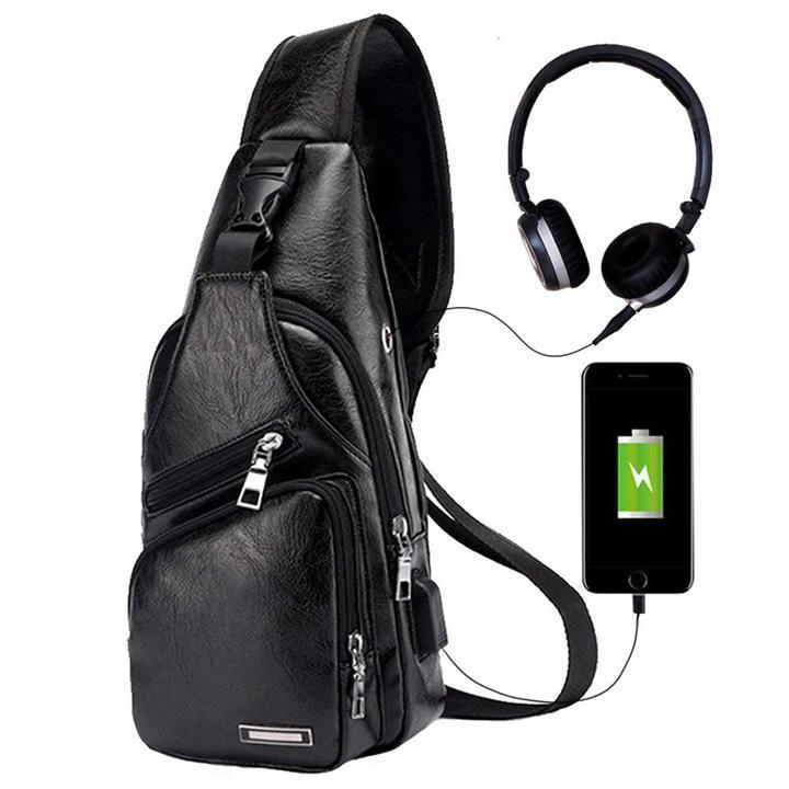 Karnz | Große Herren-Leder-Tasche Brust-Rucksack Wasserfester Crossbody-Bag mit USB