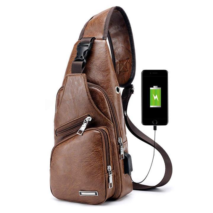 Karnz | Große Herren-Leder-Tasche Brust-Rucksack Wasserfester Crossbody-Bag mit USB