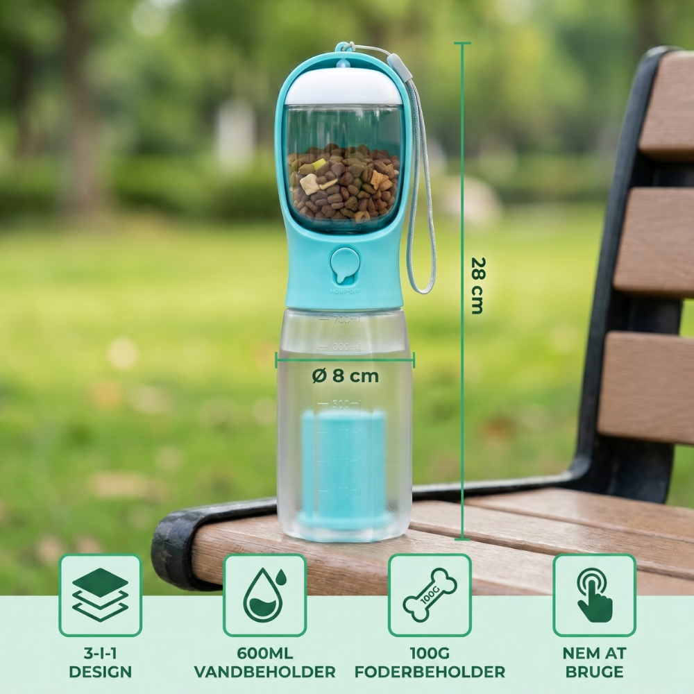 TrailBuddy™ – 3-in-1 Hunde-Trinkflasche mit Futterbox | Karnz