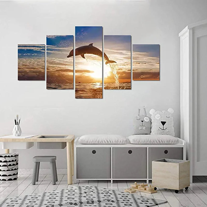 5 Stück Springender Delfin Sonnenuntergang Landschaft Gemälde