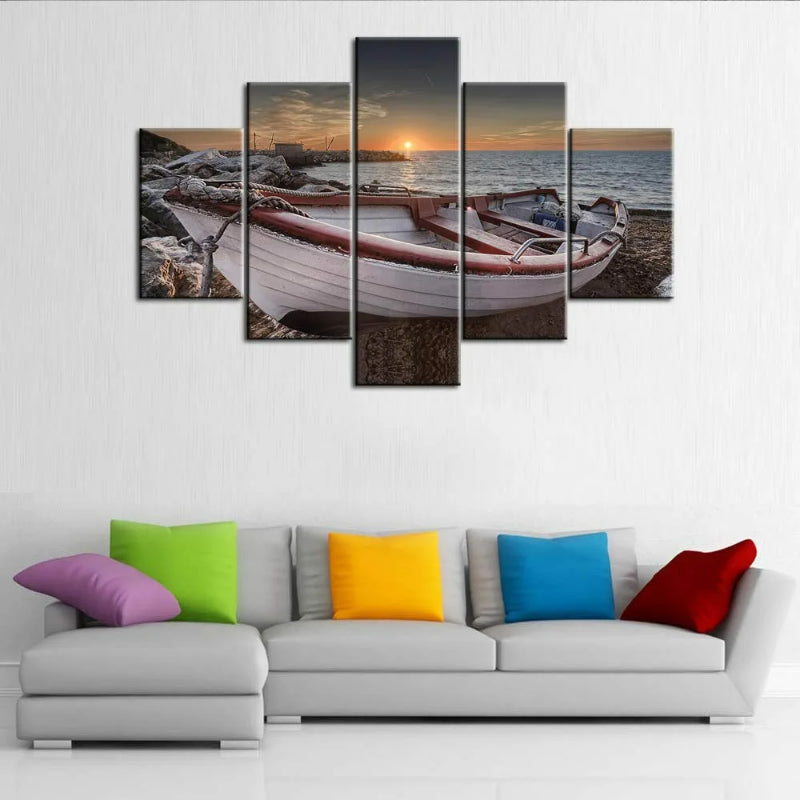 Set mit 5 dekorativen Leinwandbildern mit Strandbootmotiven