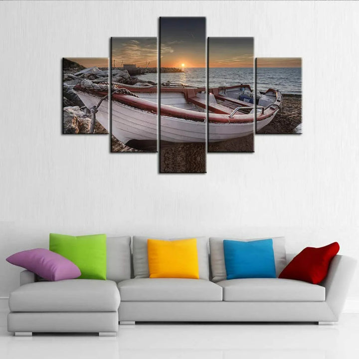 Set mit 5 dekorativen Leinwandbildern mit Strandbootmotiven