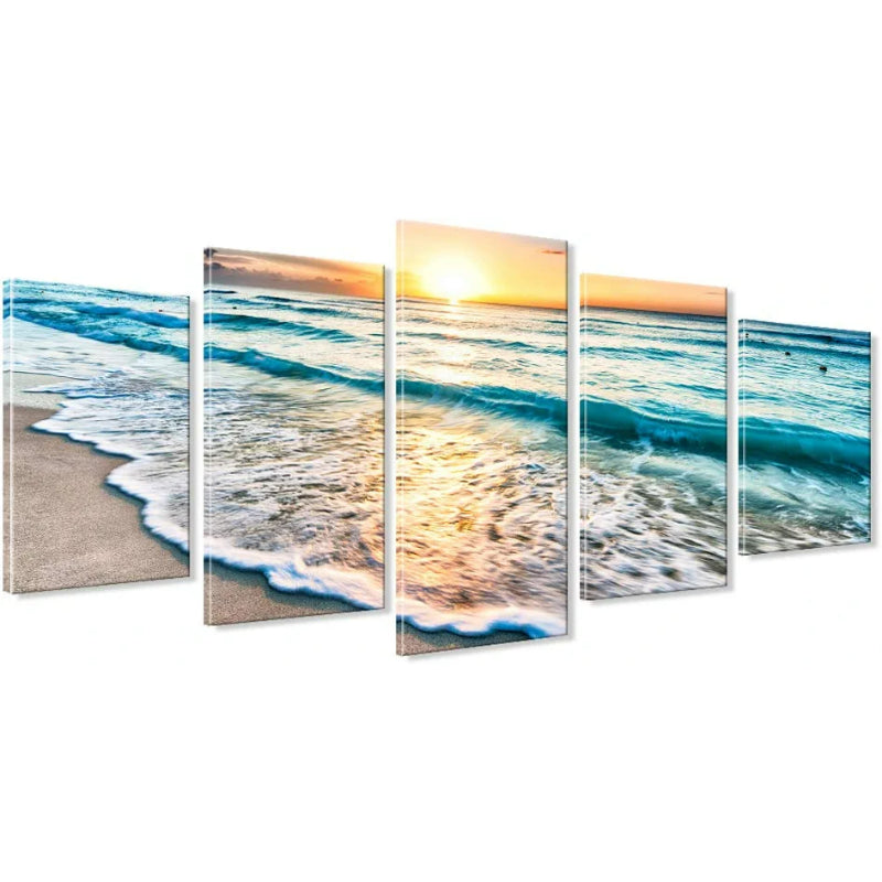 Set mit 5 dekorativen Leinwandbildern mit Meereslandschaft und Strandmotiv