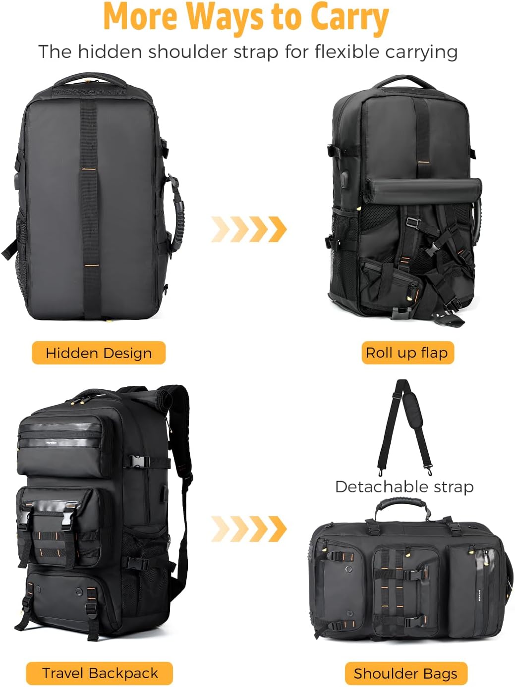 50L Flugbereiter Umwandelbarer Reise-Rucksack mit Schuhfach & USB-Anschluss | Karnz