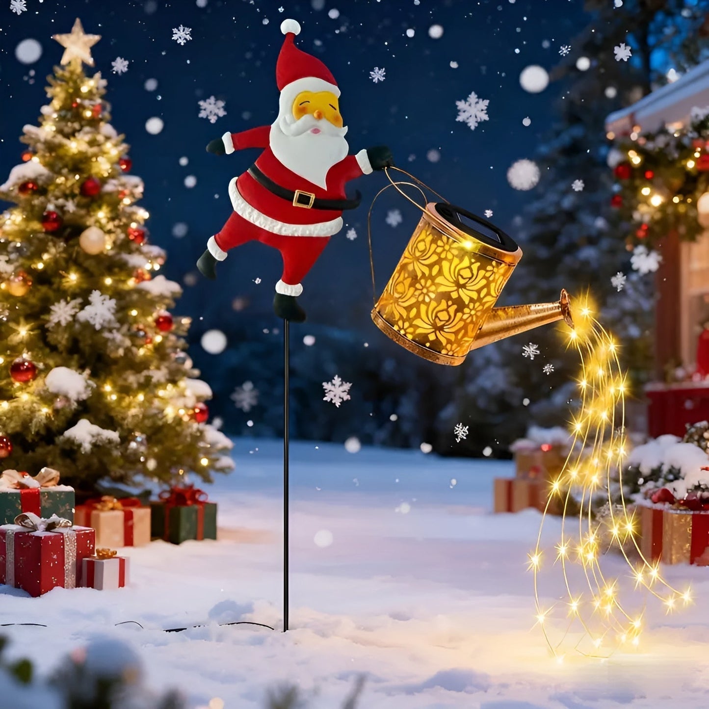 Solarbetriebene Weihnachtsbeleuchtung mit Weihnachtsmann und Laternen – Dekoration für Garten und Terrasse | Warmweiß und farbig, batterielos