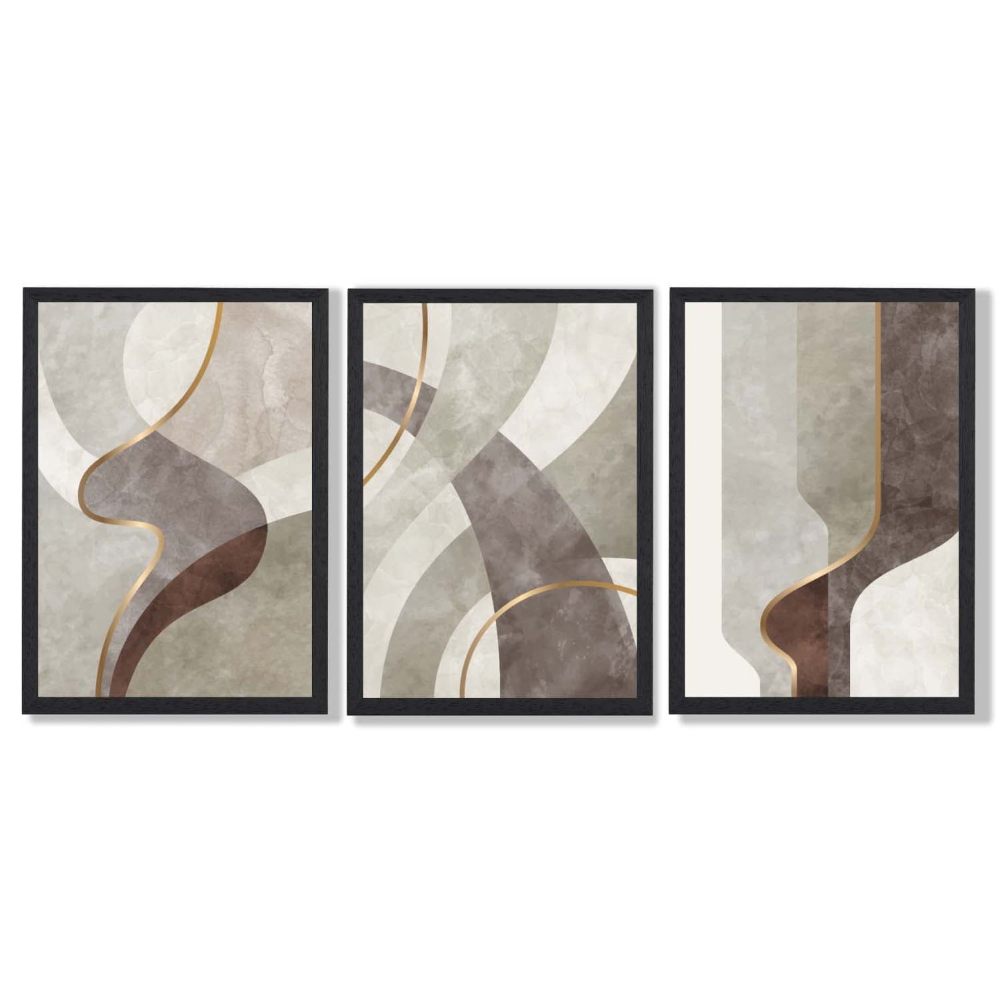 Beige und Braun, 3er-Set abstrakter, gerahmter Kunstdrucke mit Wirbelmuster